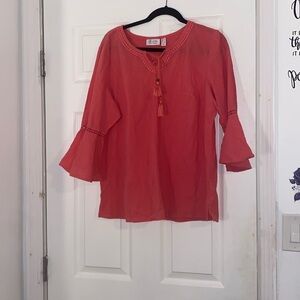 Denim & Co Crinkle Gauze Bell Sleeve Top with Dot Lace Detail